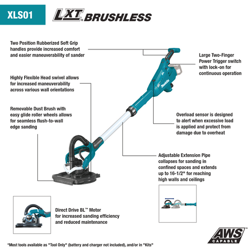 Makita 18V LXT® Lithium‑Ion Brushless Cordless Drywall Sander Kit, AWS® Capable (5.0Ah)