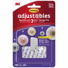 Adjustables Hooks & Strips, Clear, Repositionable, 14 Hooks, 30 Strips