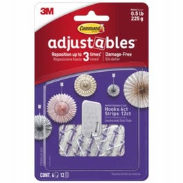 Adjustables Hooks & Strips, Clear, Repositionable, 6 Hooks, 12 Strips