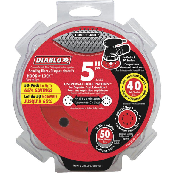 Diablo 5 In. 40-Grit Universal 12-Hole Vented Sanding Disc with Hook and Lock Backing (50-Pack)